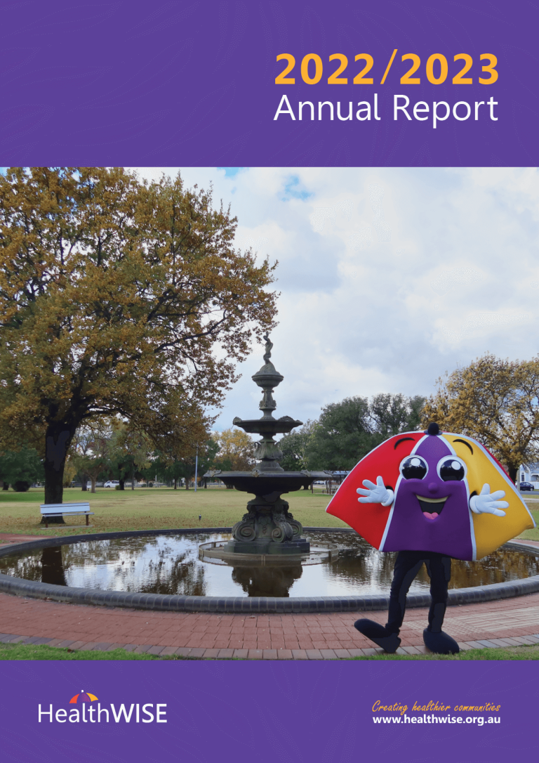 HealthWISE Annual Report 2022-2023 cover featuring Brolly mascot in Inverell